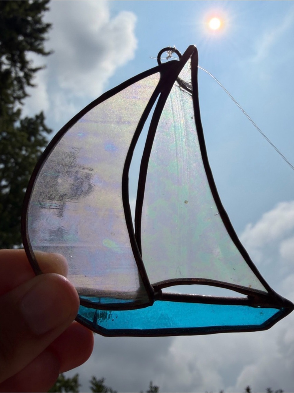 Vintage Iridescent Stained Glass Sailboat Suncatcher